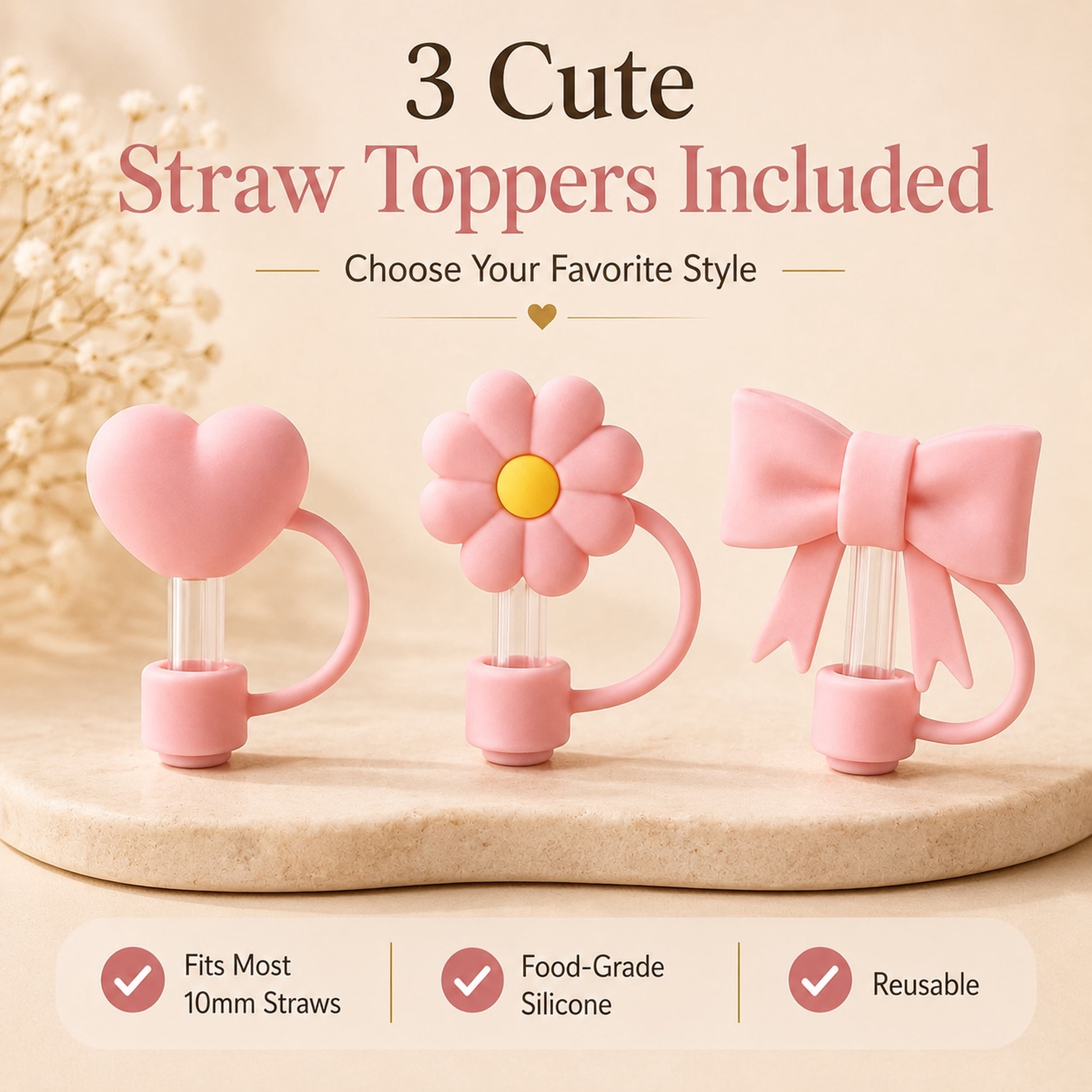 Biddlebee Pink Heart, Flower and Bow Straw Toppers, 3-Pack