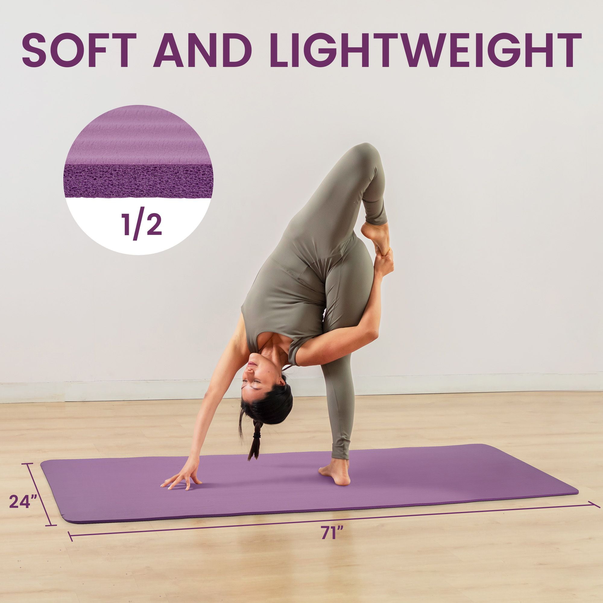 Fitvids 1/2-Inch Thick High Density Exercise Yoga Mat with Carrying Strap, Taro Purple
