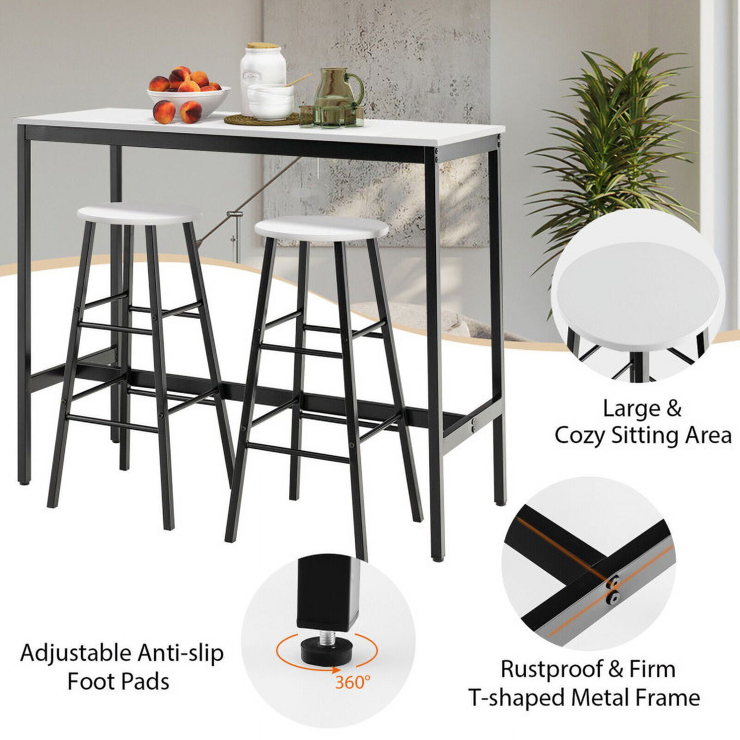 Finihen Dining Set, Dining Table Set, 3 Piece Pub Table and Stools Kitchen, for Home, Restaurant, Black & White Finihen Dining Set, Dining Table Set, 3 Piece Pub Table and Stools Kitchen, for Home, Restaurant, Black & White