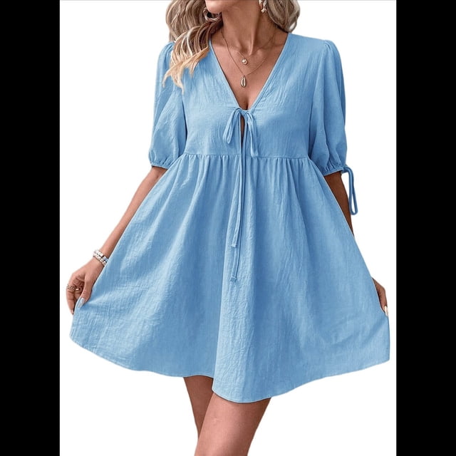 Vestido Informal de Verano 2025 para Mujer, de Corta, Corte A, con Lazo y Lazo Al Frente, Estilo Babydoll, Holgado y . Azul XL