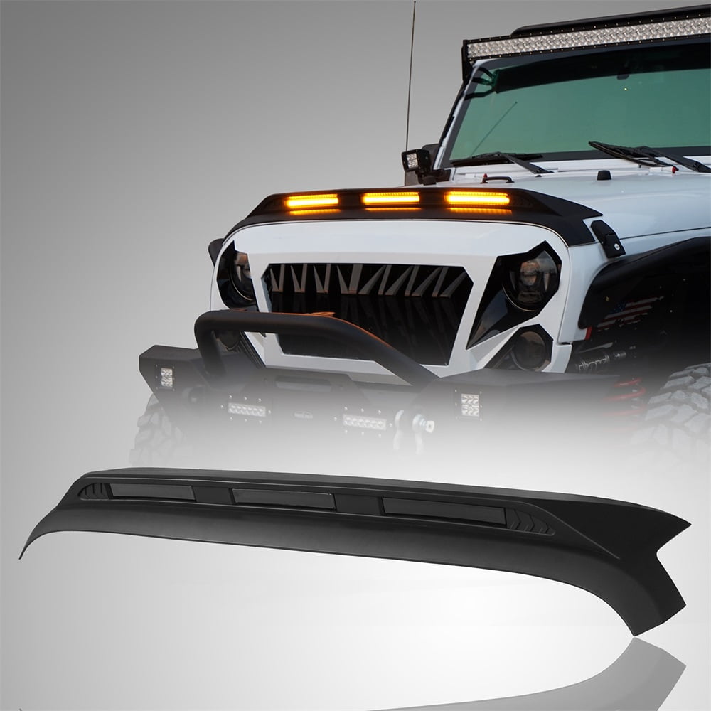 Hooke Road Hood Edge Protector Stone Guard w/ 3x Amber Light for Jeep Wrangler JK 20072018
