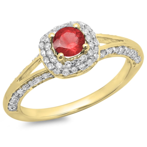 Dazzlingrock Collection 14K Round Cut Ruby & White Diamond Ladies Bridal Split Shank Halo Engagement Ring, Yellow Gold, Size 10