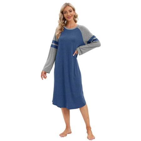 

WBQ Long Nightgown Womens Crew Neck Loungewear Raglan Long Sleeve Sleepwear Loose Sleep Dress Blue S-2XL