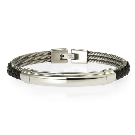 Arista Triple Cable Stainless Steel Bangle in Genuine Black Leather, 8.5"