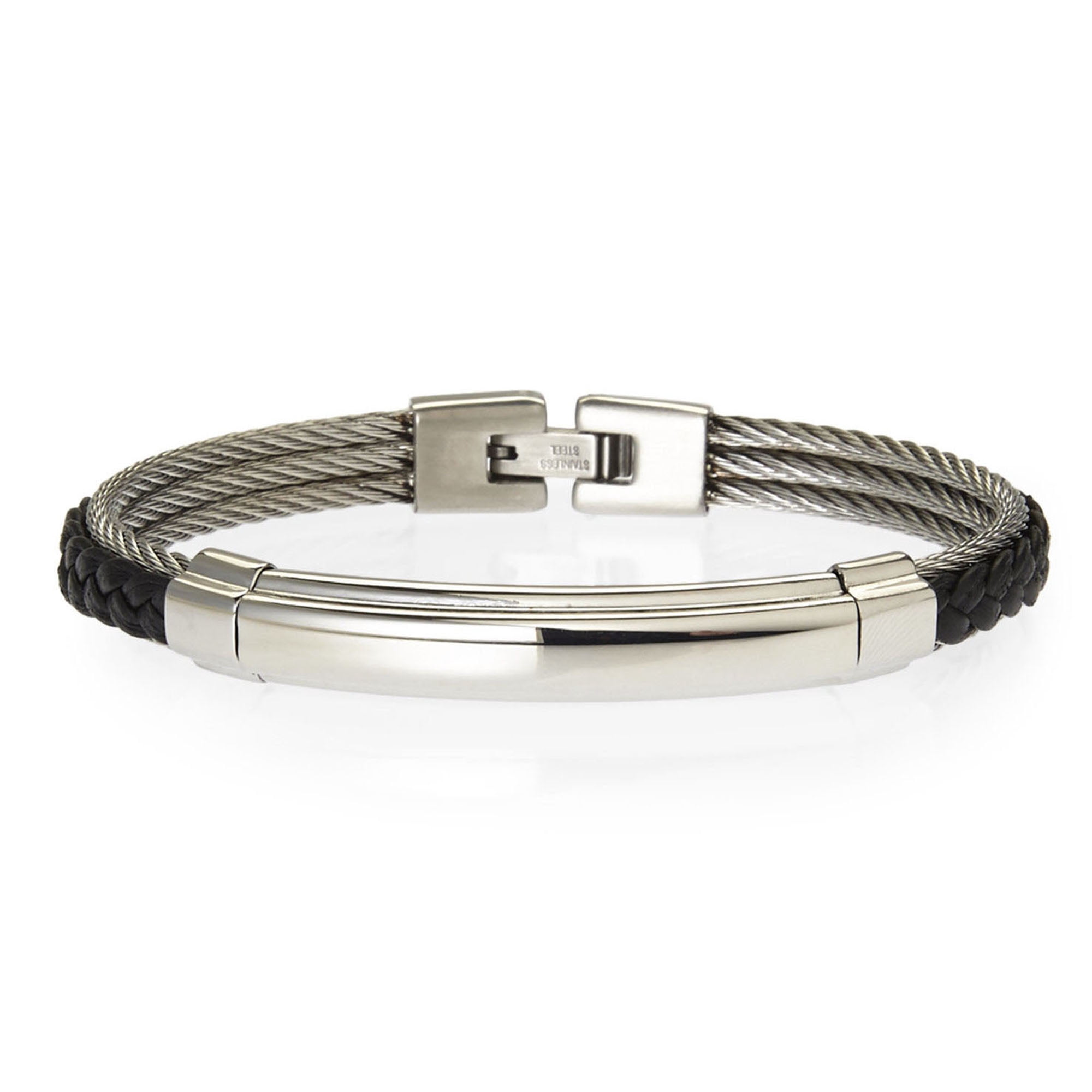 Arista Triple Cable Stainless Steel Bangle in Genuine Black Leather, 8.5"