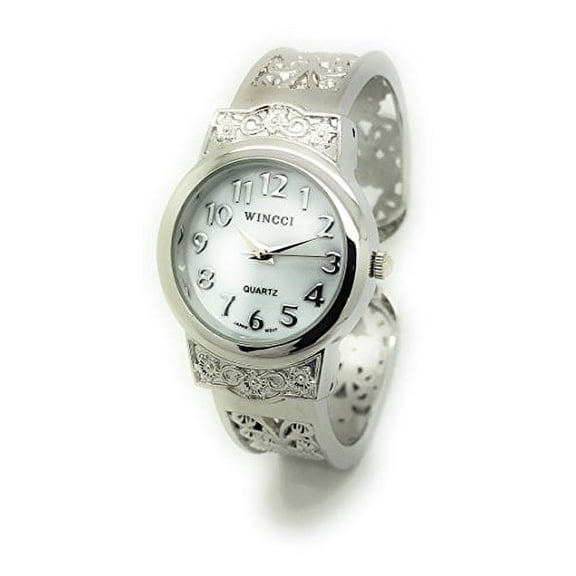 Wincci Women's Analog Quartz Bracelet Watch, Pearl Dial Silver Metal Cuff Bangle Wrist Watch for Women, Elegant Fashion Dress Watch