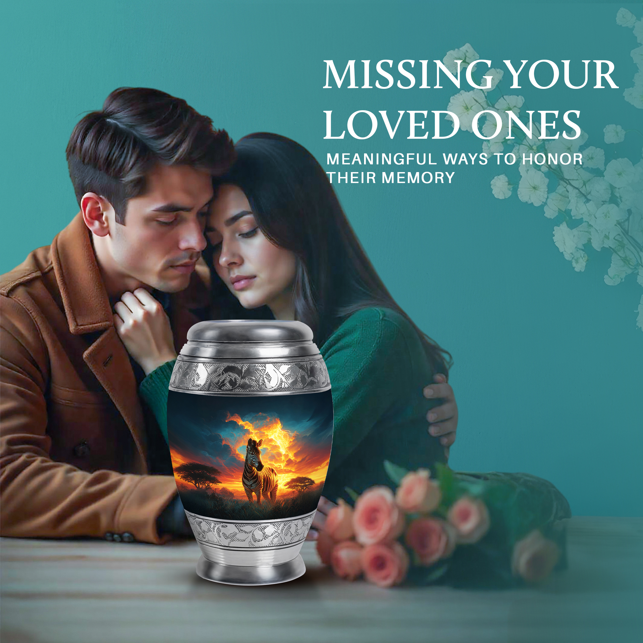 SABURIAL Zebra Ashes Urns - Large Decorative Urns - 10 Inch - Large With Velvet Bag - Cremation For Ashes - Urn For Brother & Sister - Memorial Urn For Adult