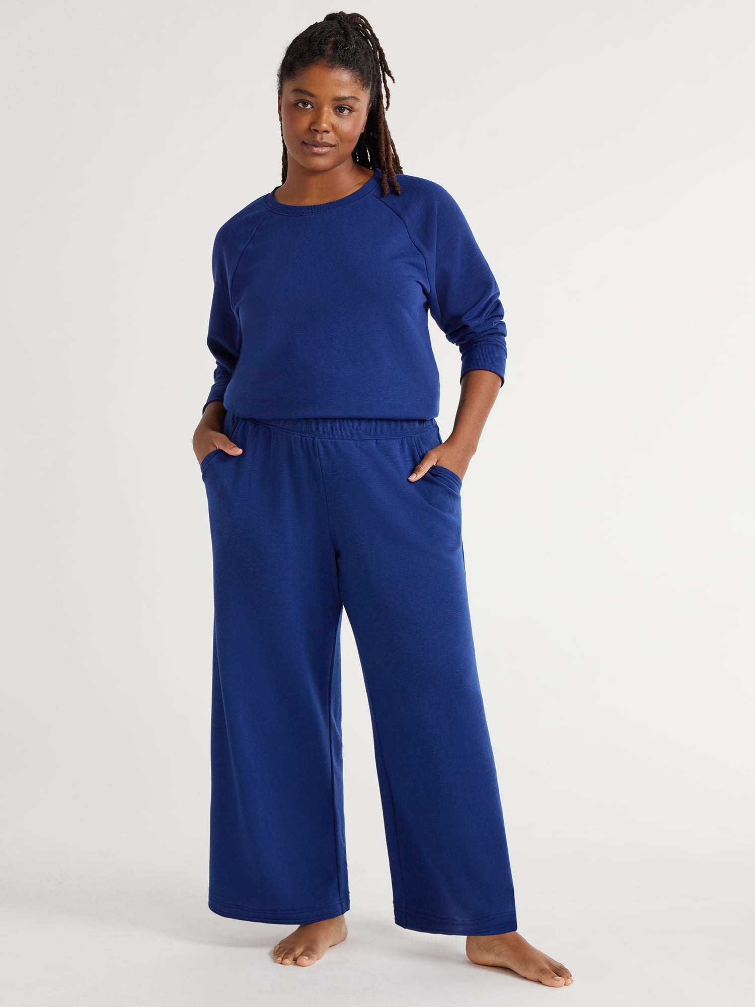 Joyspun Women's Fleece Sleep Top and Wide Leg Pants Pajama Set, 2-Piece, Sizes S to 3X