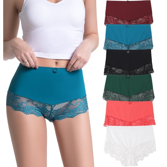 Flonica Women's Lace Boyshort, High Waist Women's Underwear, Comfortable Briefs Panties for Women, Pack of 6