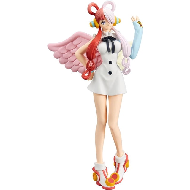 one piece film red dxf the grandline lady - uta vol 1 modelo de personaje estatua coleccionable juguetes figuras de pvc adornos de escritorio Figura UTA de 15 cm, vista frontal centrada, figura en 3–4 piezas; personaje femenino con vestido blanco corto con botones negros y moño, zapatillas blancas con acentos rojos y amarillos, cabello largo bicolor rosa y blanco, audífonos amarillos y un ala rosa en la espalda; PVC, fondo blanco; apta para exhibir en escritorio o estantería, ideal para fans y coleccionistas.