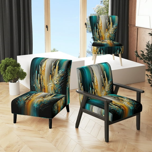 Designart "Green & Yellow Geometric Composition" Green Abstract Upholstered Accent Chair - Modern Arm Chair For Living Room