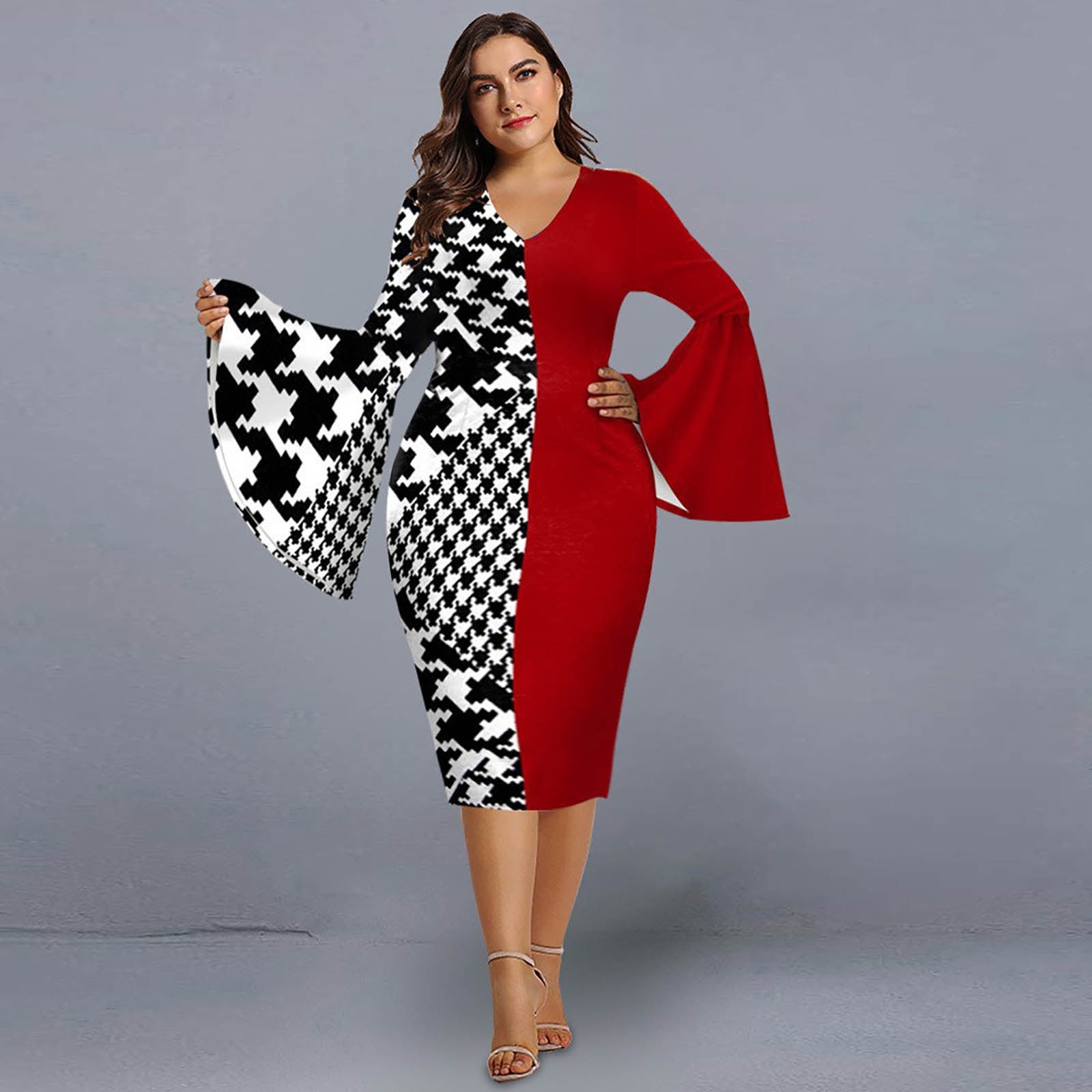 Dptalr Women s Large Patchwork Dress Hip Wrap Skirt Long Sleeve Casual Swing Dress Longuette Dress Red