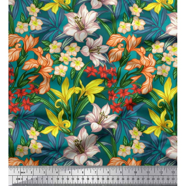Soimoi Green Poly Georgette Fabric Leaves, & Lily Floral Print Sewing Fabric Yard 42 Inch Wide