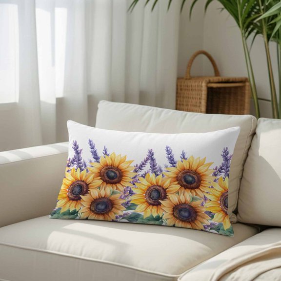 Summer Sunflower Lavender on White Throw Pillow Covers, Decorative Pillow Covers With Hidden Zipper Soft Brushed Microfiber Fabric, Country Botanical Pillowcases for Couch Bed 16x24in
