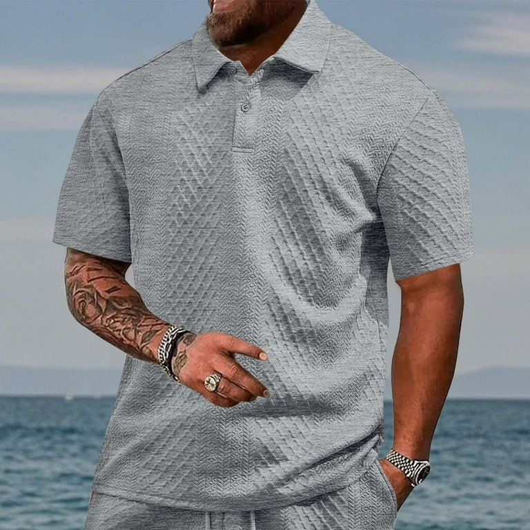 Dagegui Textured T-Shirt for Men Gray Turndown Collar Short Sleeve