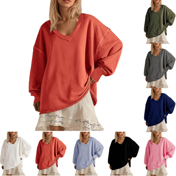 Sweatshirts for Women Oversize Low V-neck Womens Sweatshirt Long Sleeves Solid Color Comfy Pullover Fleece Casual Tops 2025 Fall Fashion Outfits Winter Plus Size Clothes
