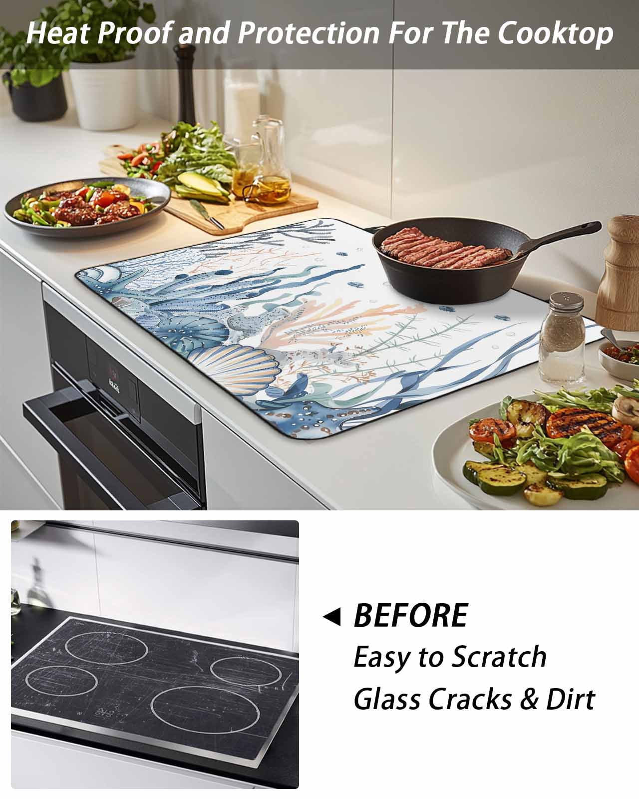 Stove Top Covers for Electric Stove, Summer Coastal Coral Glass Stovetop Cover Protector, Blue Ocean Conch Shell Blue Induction Cooktop Protector Oven Mat for Kitchen Countertop 24"x21"