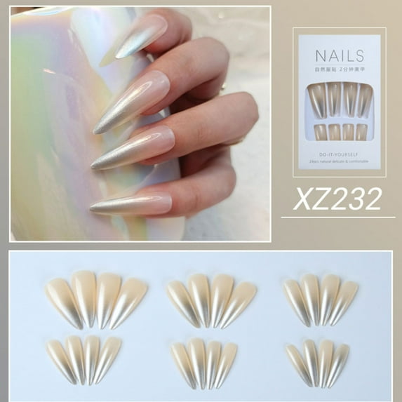 Silver Shimmer Fake Nails Wearable Long Gradient Fake Nail for Women and Girls Perfect Gift Glue Models XZ232