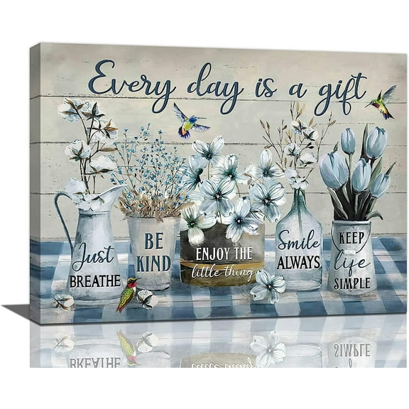 Farmhouse Flower Bathroom Decor Wall Art Rustic Flower Every Day Is A Gift Butterfly Floral Pictures Wall Decor Canvas Painting Prints Artwork Home Decorations Framed for Bedroom Living Room 20"x16"
