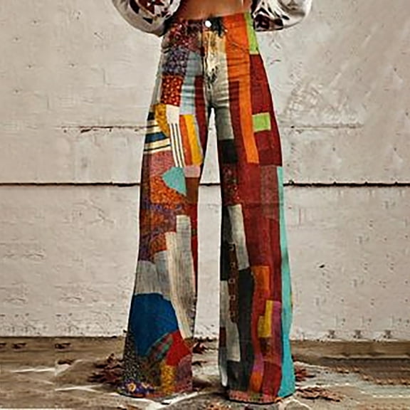 Women's Casual Pants 2025 New Summer Flower Wide Leg Pants Lightweight And Loose Casual Colorful Pants Imitation Jeans,Brown Women's Casual Pants L