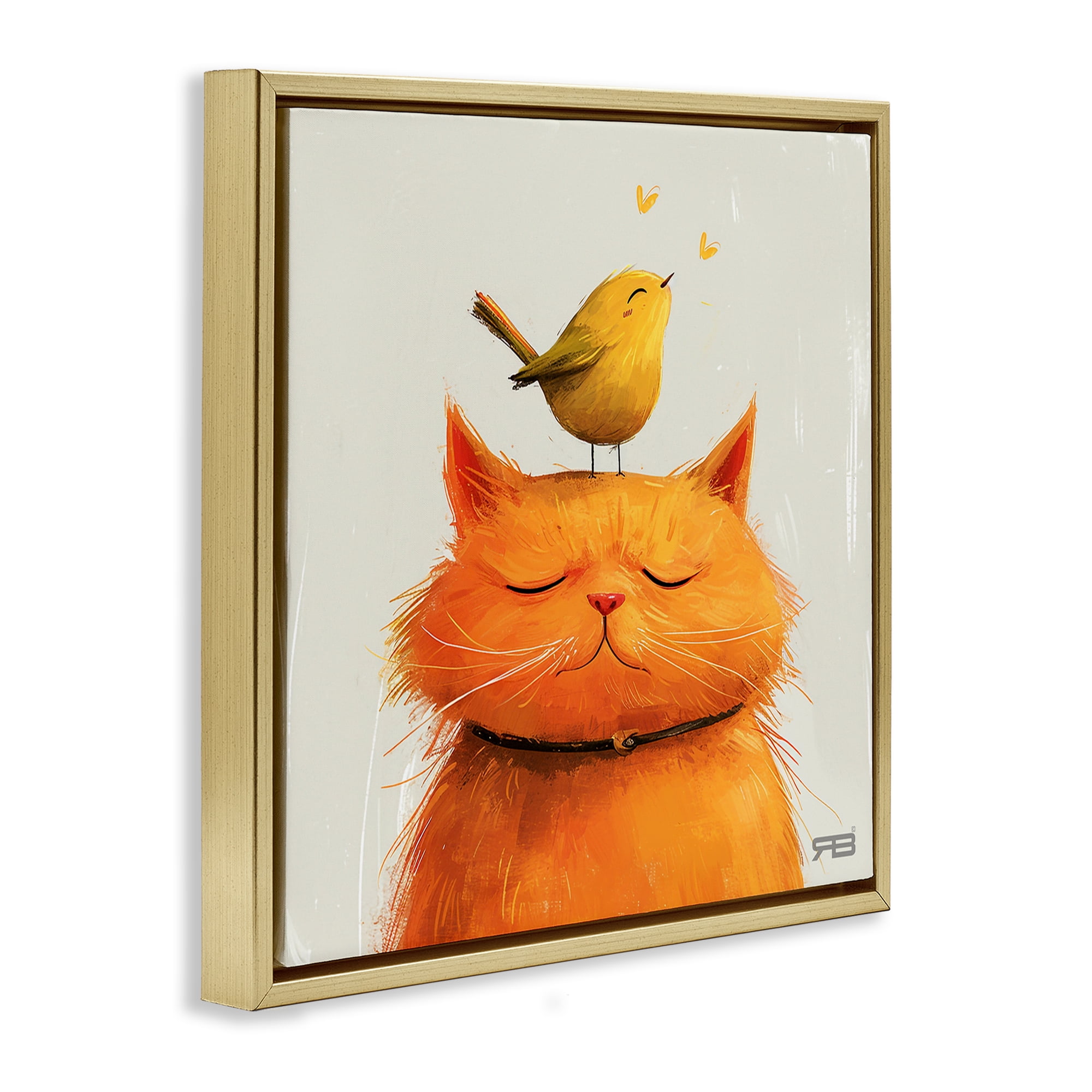 Stupell Industries Bird Perched on Cat Animals Painting Gold Floater Framed Canvas Art Print Wall Art, 18 x 18