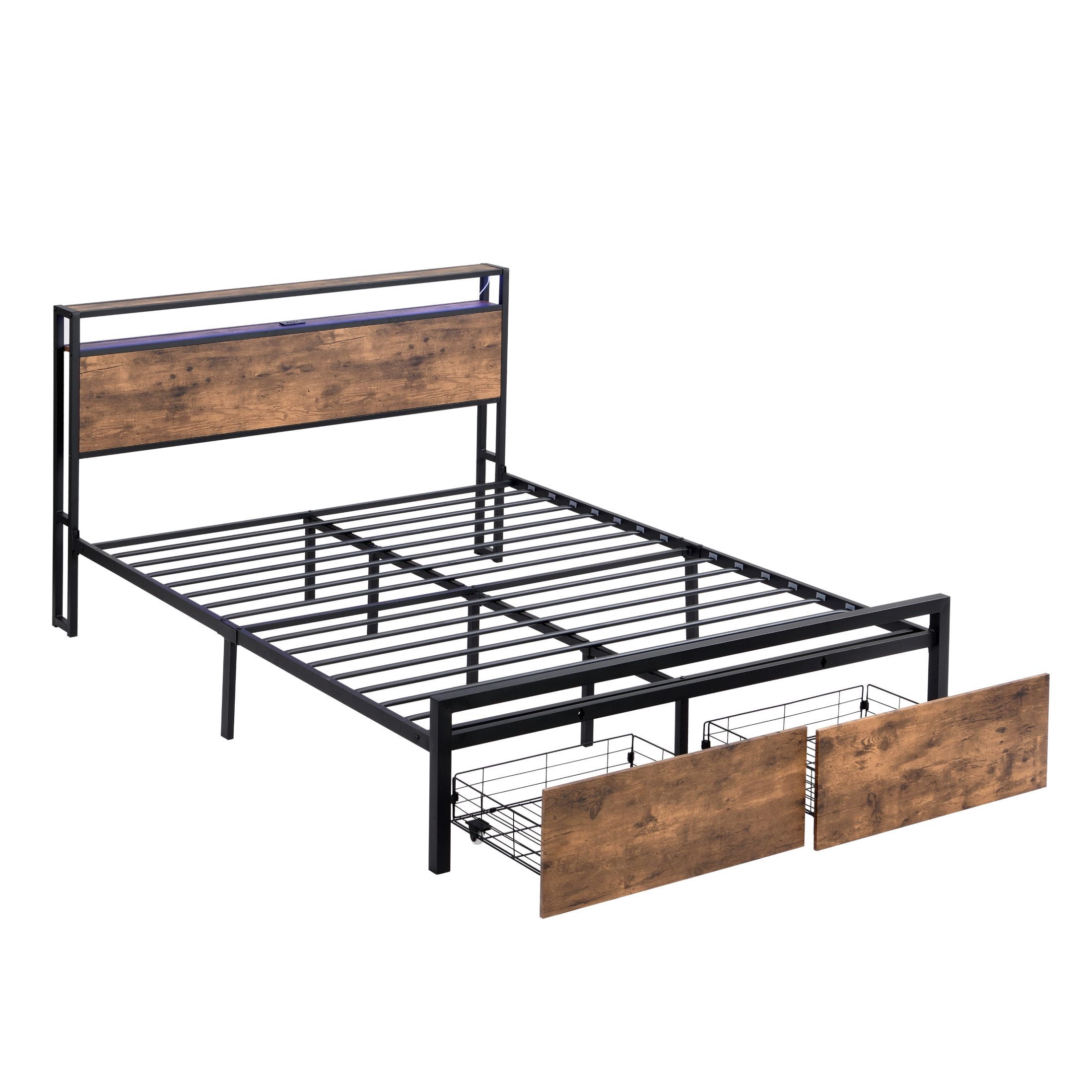 AENKYO Full Size Bed with LED Lights and Charging Station, Platform Bed Frame with Under-bed Drawers, Rustic Brown