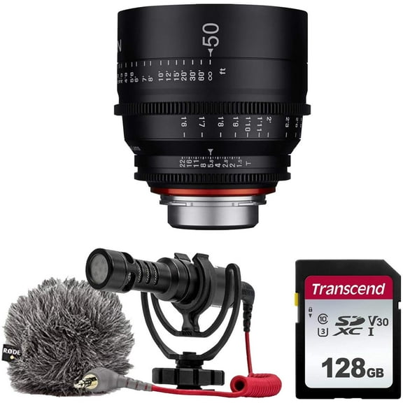 XEEN by ROKINON 50mm T1.5 Professional Cine Lens for Nikon F Mount   Rode VideoMicro Compact On-Camera Microphone with Shock Mount and Furry Windshield   128GB High Speed Memory Card