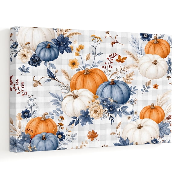Fall Blue White Pumpkins Canvas Wall Art, Thanksgiving Flowers Berry Leaf Grey Plaid Wall Art Prints Artwork Framed Canvas Ready to Hang Art Pictures for Bedroom Living Room Closet Kitchen 16" x 12"