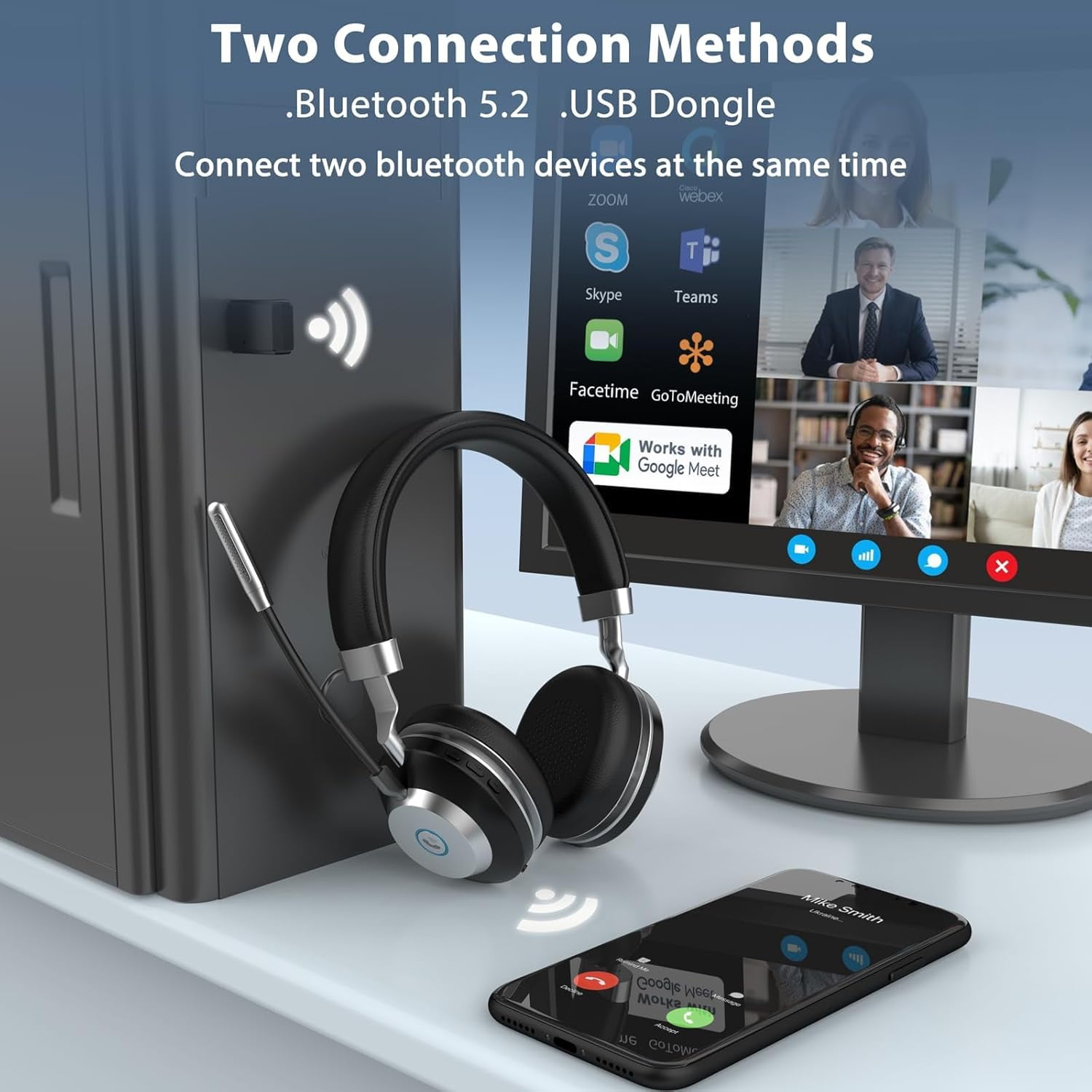 Wantek Wireless Headset with Noise-Canceling Mic, 52H Talktime for Call Center, Truck Drivers, Online Meeting – Bluetooth 5.3 + 2.4G Dongle