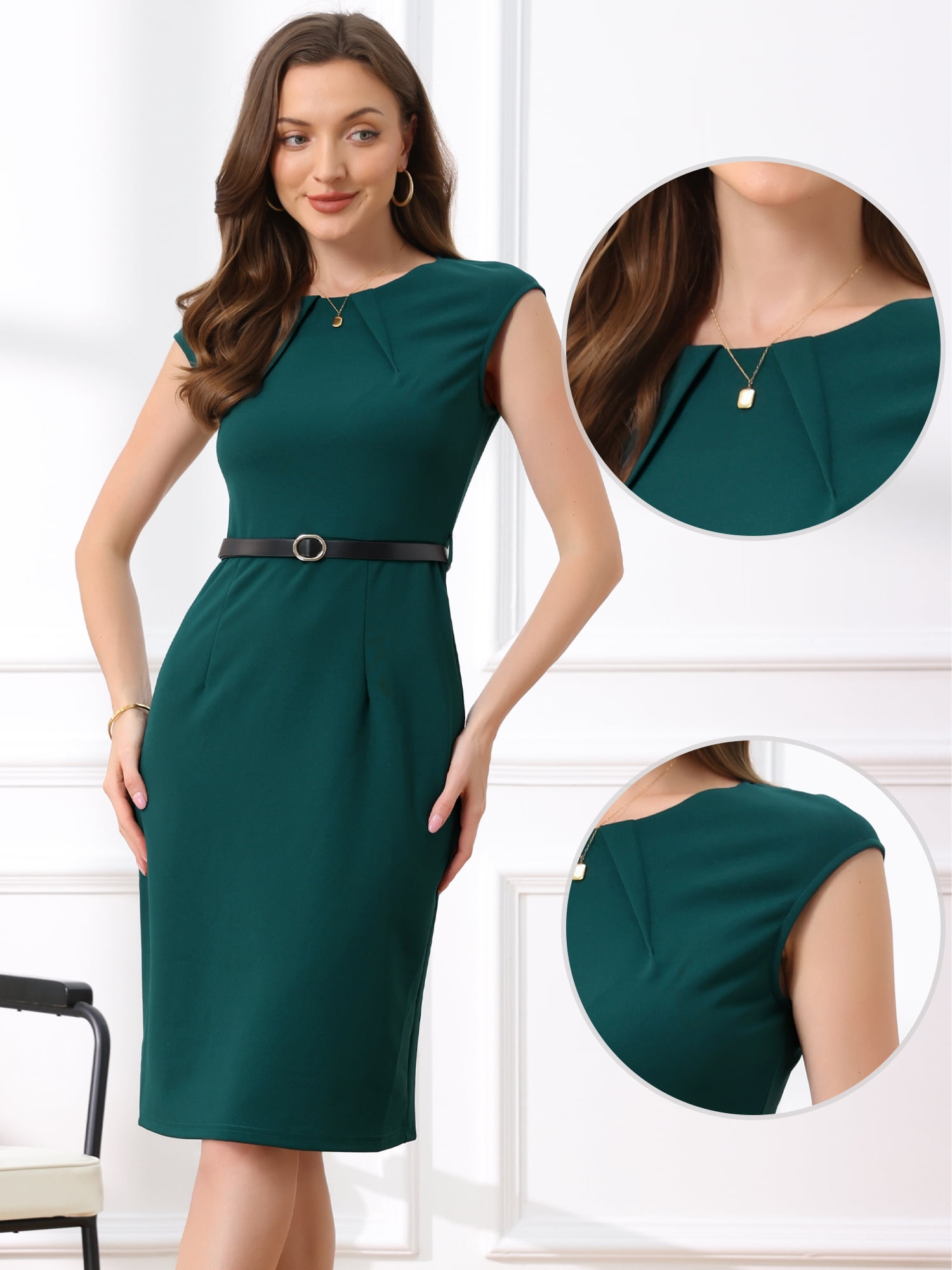 DARING DIVA Elegant Round Neck Cap Sleeve Belted Work Sheath Dresses M Blue Green