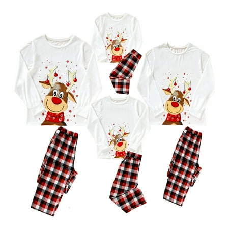

ZOELNIC Family Matching Christmas Pajamas Set Xmas Deer Printed Holiday Pajamas Sleepwear Dad Mom Kids PJs (White-Mom L)