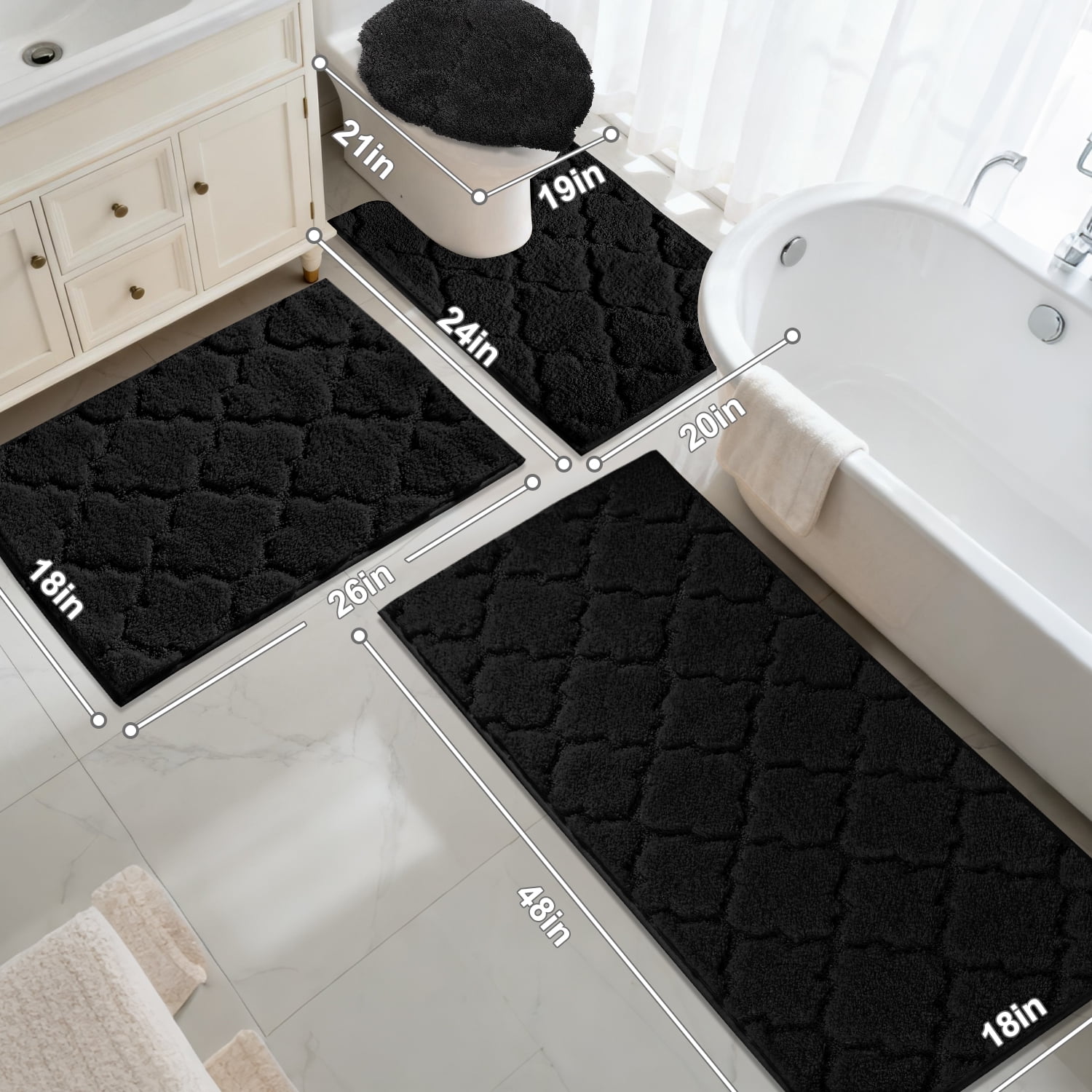 Findosom Bathroom Rugs Sets 4 Pcs with Toilet Lid Cover,U-Shaped Contour Toilet Mat,Non-Slip Machine Washable Absorbentb Rugs and Mats for Bathroom Floor Mats Microfiber Shaggy Bath Rug,Black