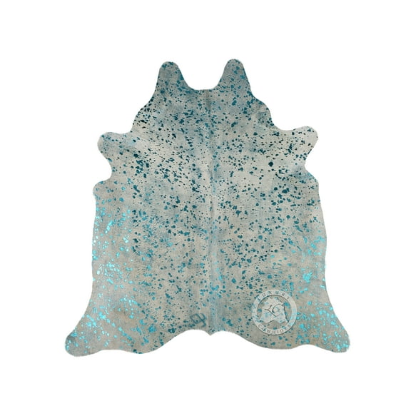 Cowhide Rug Metallic Turquoise on Off-White - Size 6x7-8'