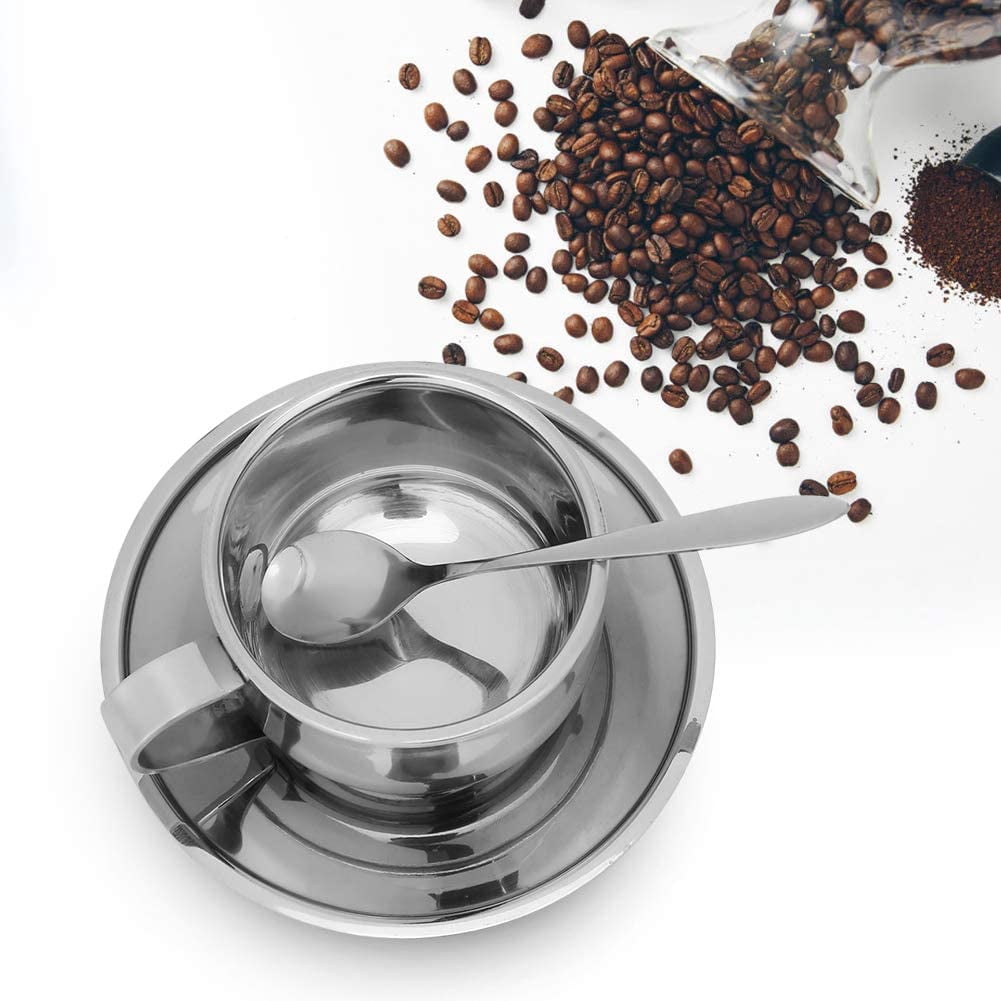 ABCISI Stainless Steel Coffee Cup Set, 6oz/180ml Coffee Mug with Saucer and Spoon, Double Walled Insulated Espresso Cups for Milk Tea Cappuccino Latte, Dishwasher Safe, Silver