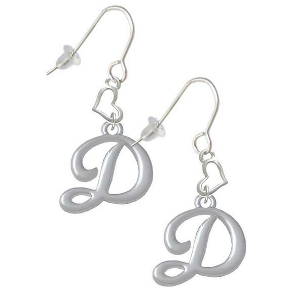 Silvertone Small Gelato Script Initial - D - Heart French Earrings