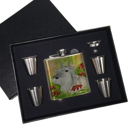 

KuzmarK 6 oz. Stainless Steel Flask Set in Black Presentation Box - Miniature Schnauzer Art by Denise Every