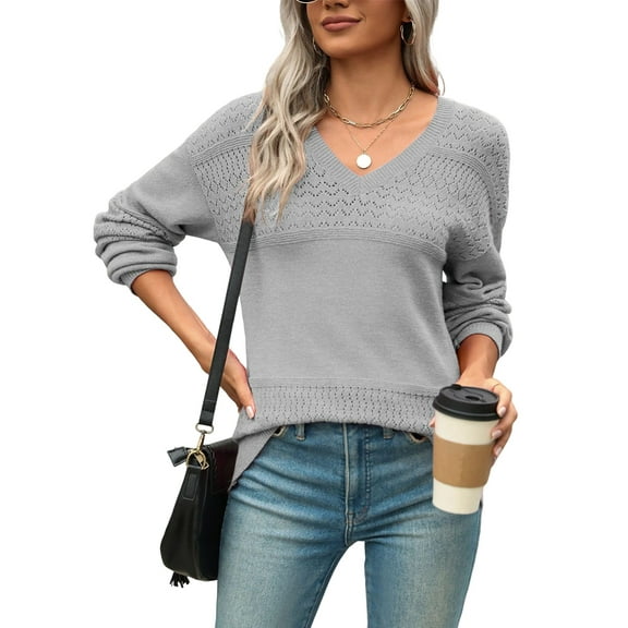 Womens 2025 Fall Casual Long Sleeve Ribbed Knit V Neck Light-Weight Crochet Pullover Sweater Pure Gray S
