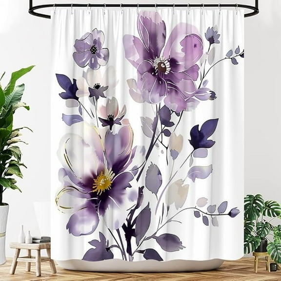 Purple Floral Shower Curtain Lilac Watercolor Flower Leaves Wildflower Fabric Bathroom Decor Curtains Set With Hooks 72"W x 96"L