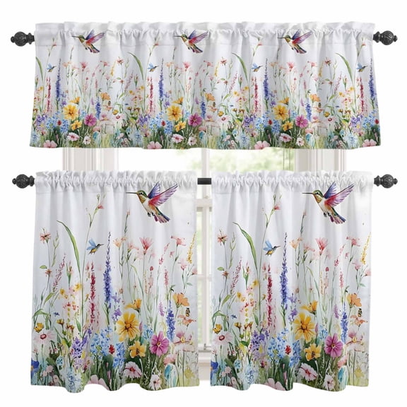 Hummingbird Floral Kitchen Curtains Sets for Windows 24 Inch Length, Farmhouse Floral Botanical Rod Pocket Window Treatments Tier Curtains and Valances Set for Bedroom/Bathroom