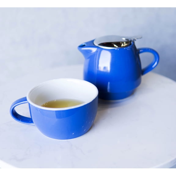 Glossy Blue Contemporary Ceramic Stackable Teapot Set Single Tea Pot With Mug