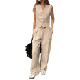 thumbnail image 3 of Women'S 2 Piece Outfits Linen Vest Waistcoat Dressy Casual Sets Wide Leg Pants Suits Khaki L, 3 of 10