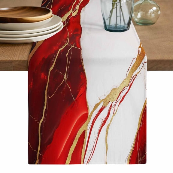 Red Marble Table Runner, Modern Ink Painting Art Abstract Washable Cotton Linen Table Runners 72 Inches Long, Dresser Scarf Runner for Dining/Coffee/Kitchen/TV Stands/Cabinets 13''x72''