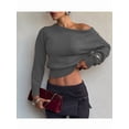 thumbnail image 3 of Women Off Shoulder Long Sleeve Cropped Pullover Sweater Top Trendy Boat Neck Soft Ribbed Knit Crop Sweater Gray S, 3 of 8