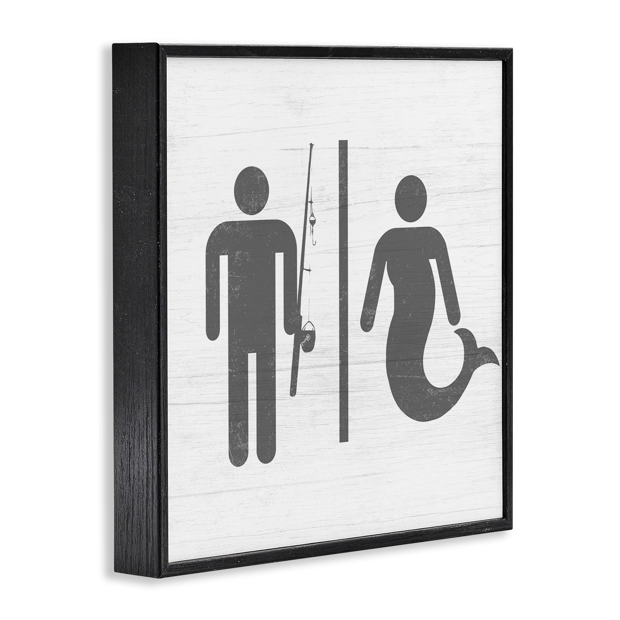 Stupell Industries Rustic Fisherman or Mermaid Bathroom Sign Grey White Framed Wall Art Design by Daphne Polselli, 12" x 12", Black Framed