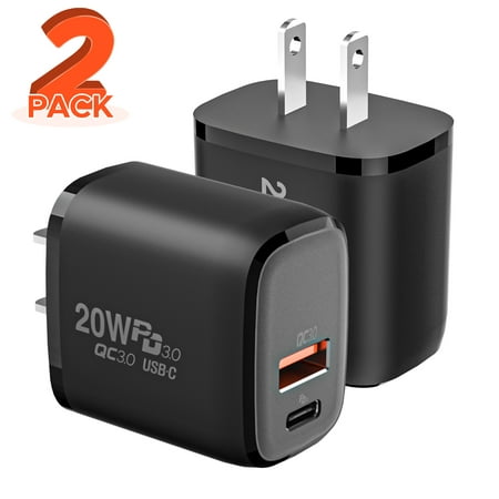 Type C USB Wall Charger 20W Dual Port Fast Charging Block, Quick Charge PD QC 3.0 Power Adapter Plug Compatible with Apple iPhone 11 12 13 Pro iPad Samsung Galaxy and More (2 Pack)
