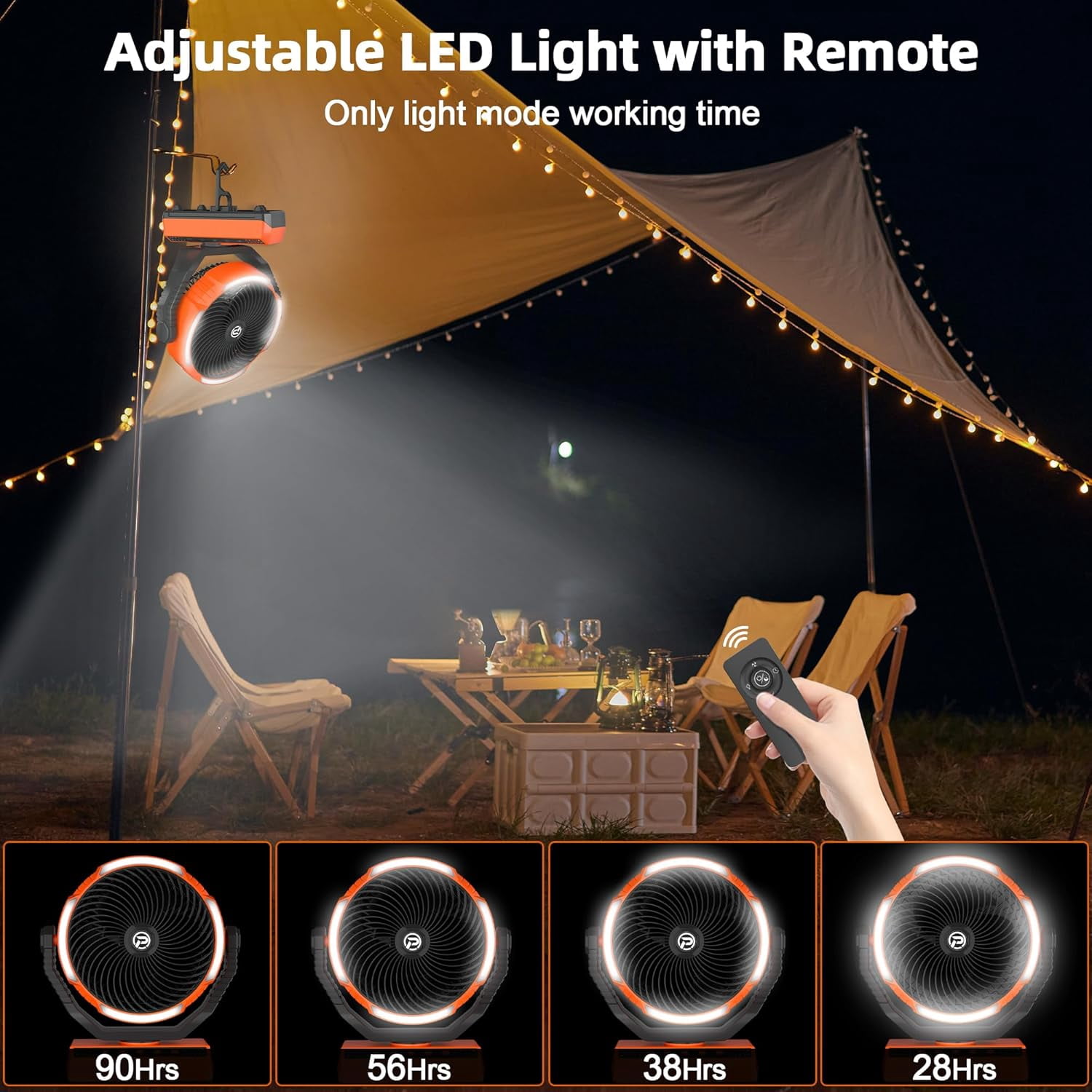 20000mAh Rechargeable Camping Fan with Light, 70HRS Running, Auto Oscillating, 4-Speed,for Tent, Travel, Power Outage, Jobsite,Charger Adapter Included