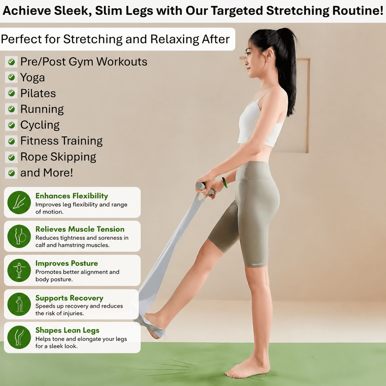 Flex Friend Non-Elastic Yoga & Pilates Stretching Strap with Ergonomic Handles, Full Body Mobility Trainer – Blue