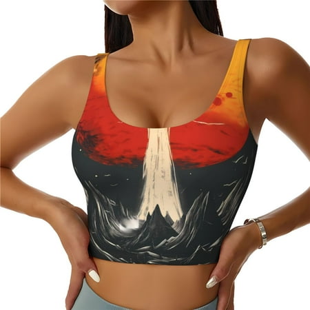 Qokaie Retro Space Rocket Launch Pattern Womens Scoop Neck Sports Bra Breathable Workout Vest Padded U Back Medium Impact Fitness Gym Yoga Bra Workout Crop Top-X-Large