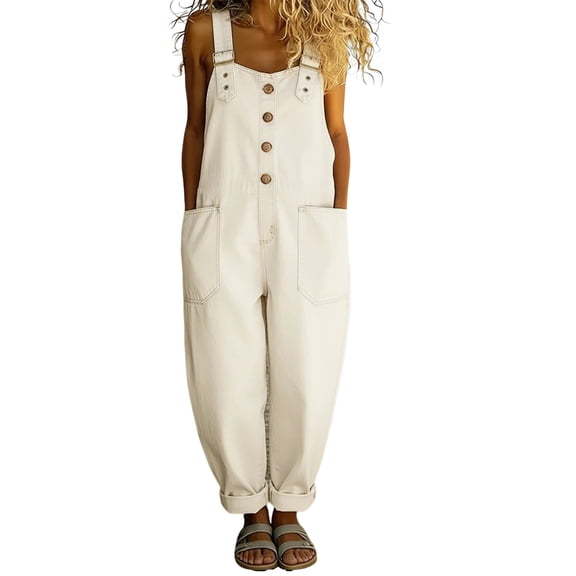 JFGHDG Womens Denim Bib Overalls Barrel Leg Adjustable Strap Jean Pants Jumpsuits with Pockets White L