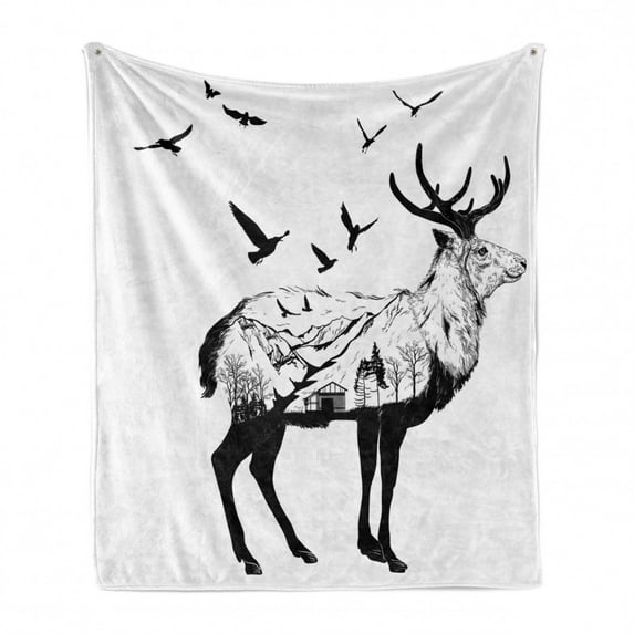 Animal Soft Flannel Fleece Throw Blanket, Mountain and Cottage Scene in Hand Drawn Birds Countryside Wildlife Themed Print, Cozy Plush for Indoor and Outdoor Use, 50" x 60", Black White, by Ambesonne